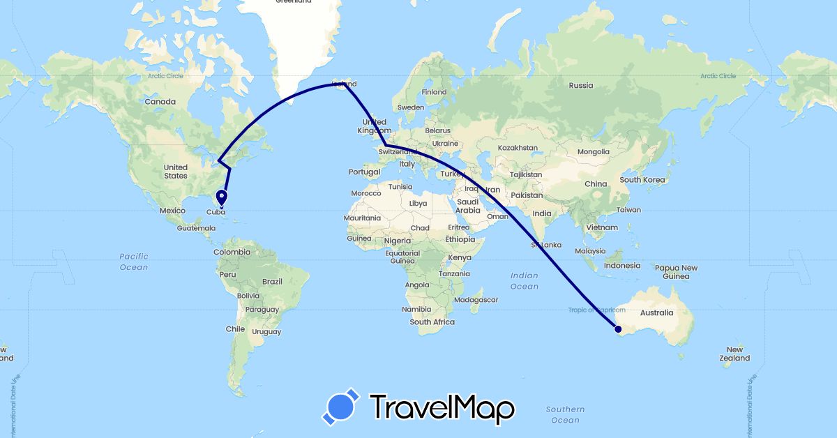 TravelMap itinerary: driving in Australia, Bahamas, Canada, France, Iceland, United States (Europe, North America, Oceania)